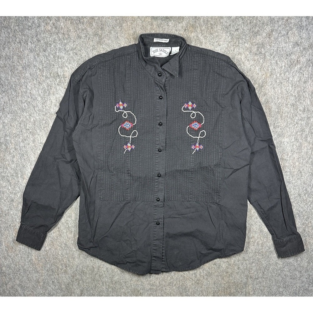 Vintage 1993 Side Saddle Western Shirt Womens S Black Embroidered Aztec